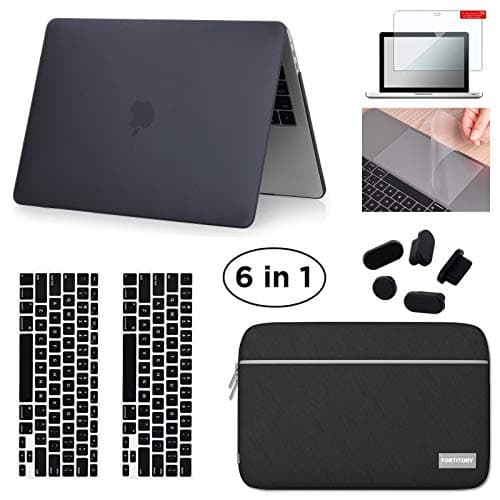Fortitory MacBook Pro 13"(2016-2018 Version) A1706/A1708/A1989 Plastic Hardshell Case & Water-Resistant Sleeve 6 in 1 Bundle with Screen Protector,Keyboard Skin,Trackpad Protector,Dust Plug - Black