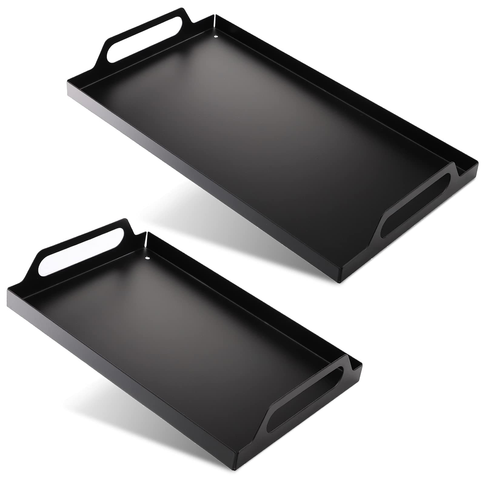 2 Pack Black Metal Serving Tray, Decorative Coffee Table Tray with Handles, Vanity Platter Breakfast Tray for Eating, Storing, Bedroom, Kitchen, Living Room, Bathroom