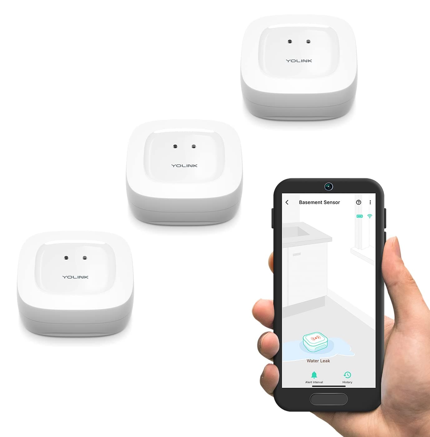 Water Leak Sensor 3-Pack, LoRa Up to 1/4 Mile Open-Air Range Smart Water Leak & Flood Detector, SMS/Text, Email & Push Notifications, w/Alexa, IFTTT, Home Assistant - YoLink Hub Required