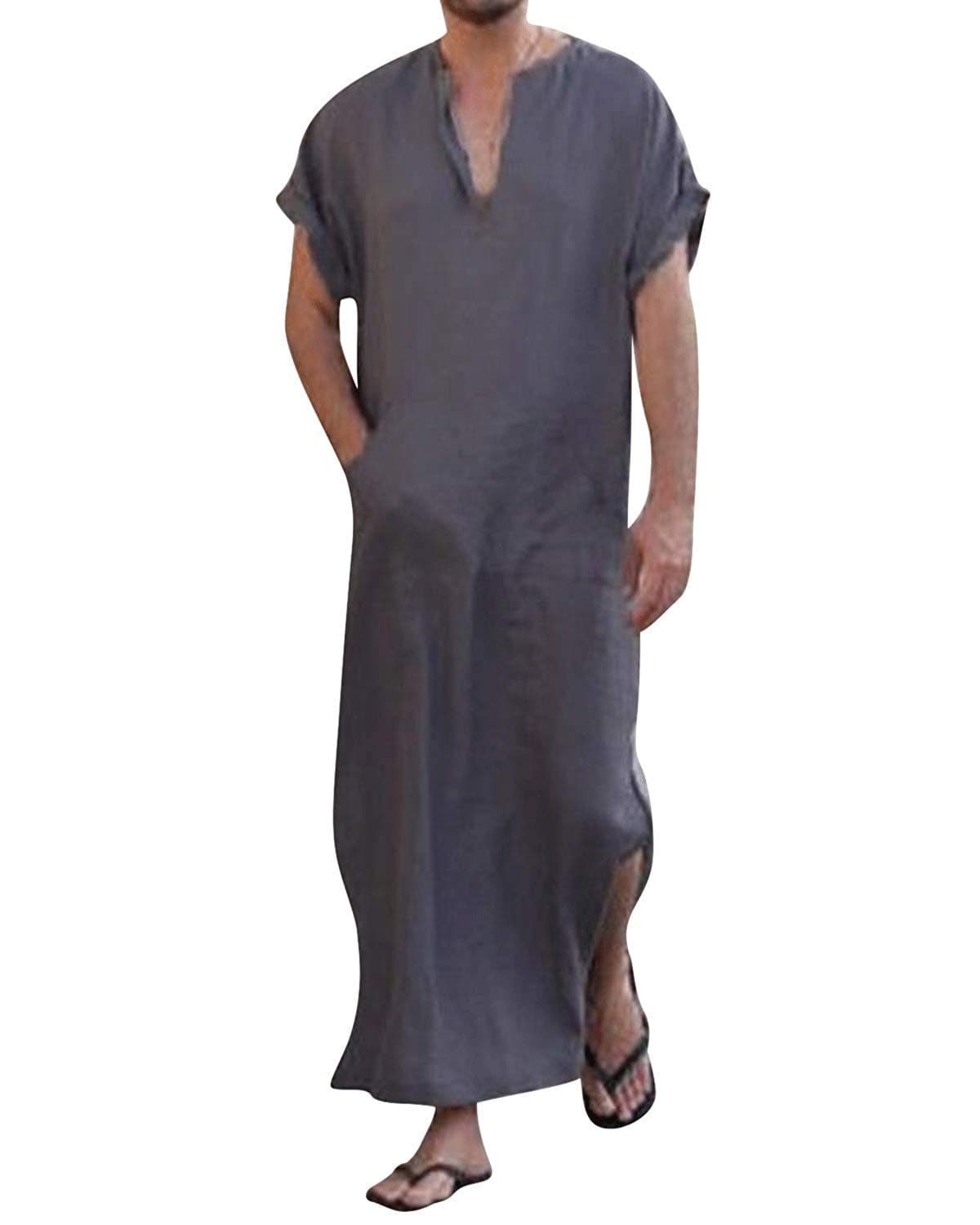 HONIEE Men's Caftan V-Neck Short Sleeve Robe Side Split Cotton Long Gown Thobe S-5XL