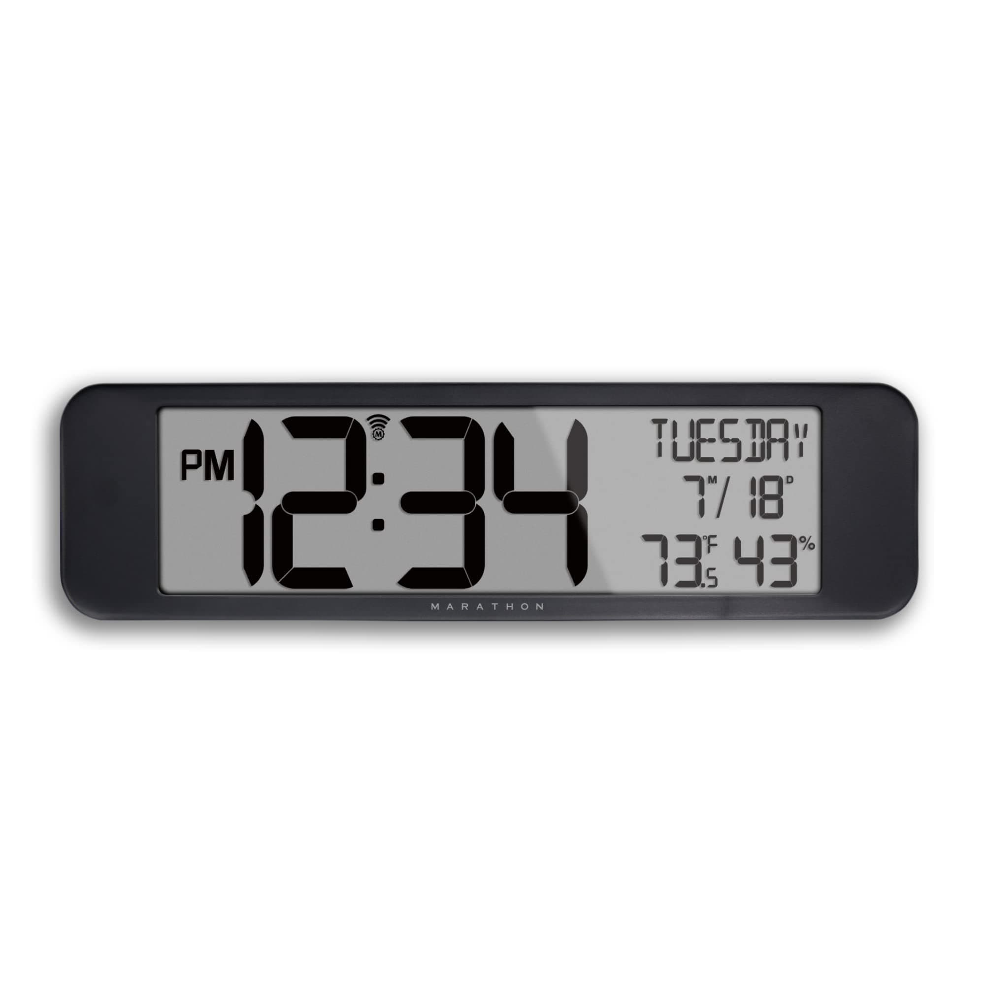 UltraWide Atomic Wall Clock, Black - Large, 14-Inch Panoramic Display - AM/PM or 24-Hour Time Format, Eight Time Zones, Indoor Temperature & Humidity - Two AA Batteries Included