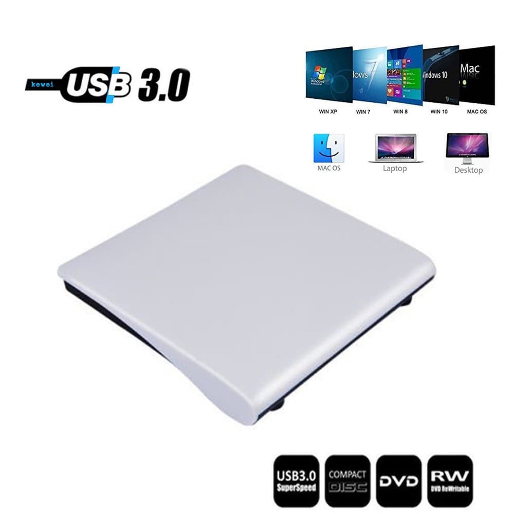 kewei External DVD Drive,USB 3.0 Ultra Portable External CD DVD Storage Drive, External DVD Writer/Burner CD DVD RW DVD ROM Drive (While)