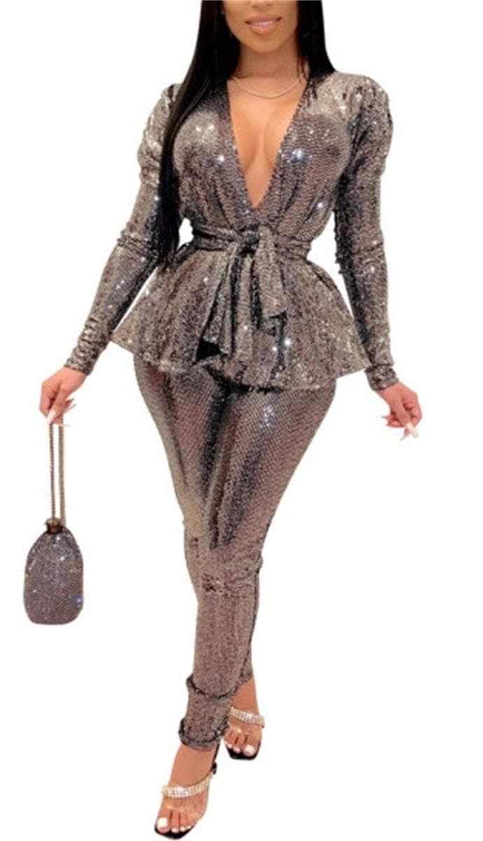 Womens 2 Piece Outfits Glitter Sequins Pullover Top + Bodycon Pants Metallic Shiny Party Clubwear Set