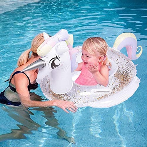Memoriestime Inflatable Unicorn Float for Pool with Glitters Kids Floaties for Pool Toddler Swimming Tube with Safe Handle Water Fun Summer Beach Toys for 2 Years Old Up