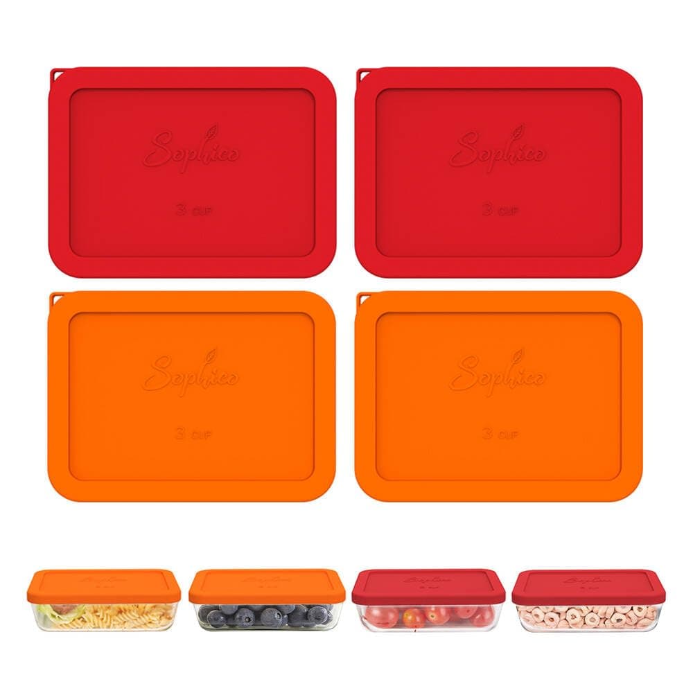 Sophico 3 Cup Rectangle Silicone Storage Cover Lids Replacement for Pyrex 7210-PC Glass Bowls (Container not Included) (RED-ORANGE, 4 Pack)