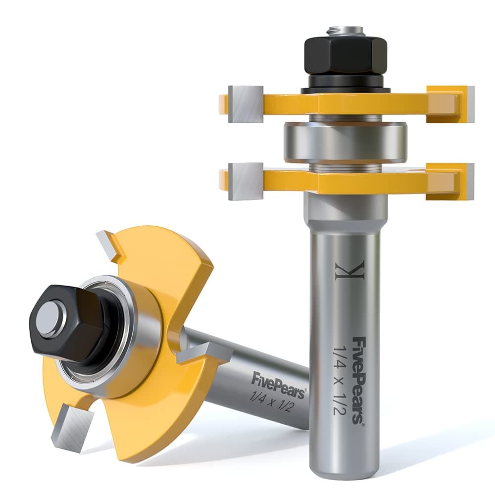 FivePears Tong and Glue Router Bit Set with 1/2" Shank, T-Shaped, 3-Tooth, Woodworking Cutter (2 Piece)