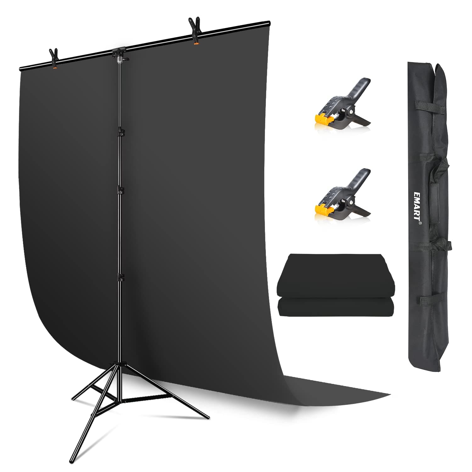 Black Backdrop with Stand, 1.5 x 2m(5x7ft) Blackscreen with 1.5x 2.6m(5x 8.5ft) T-Shaped Background Support Kit for Photoshoot Portraits Party Video Studio Fliming