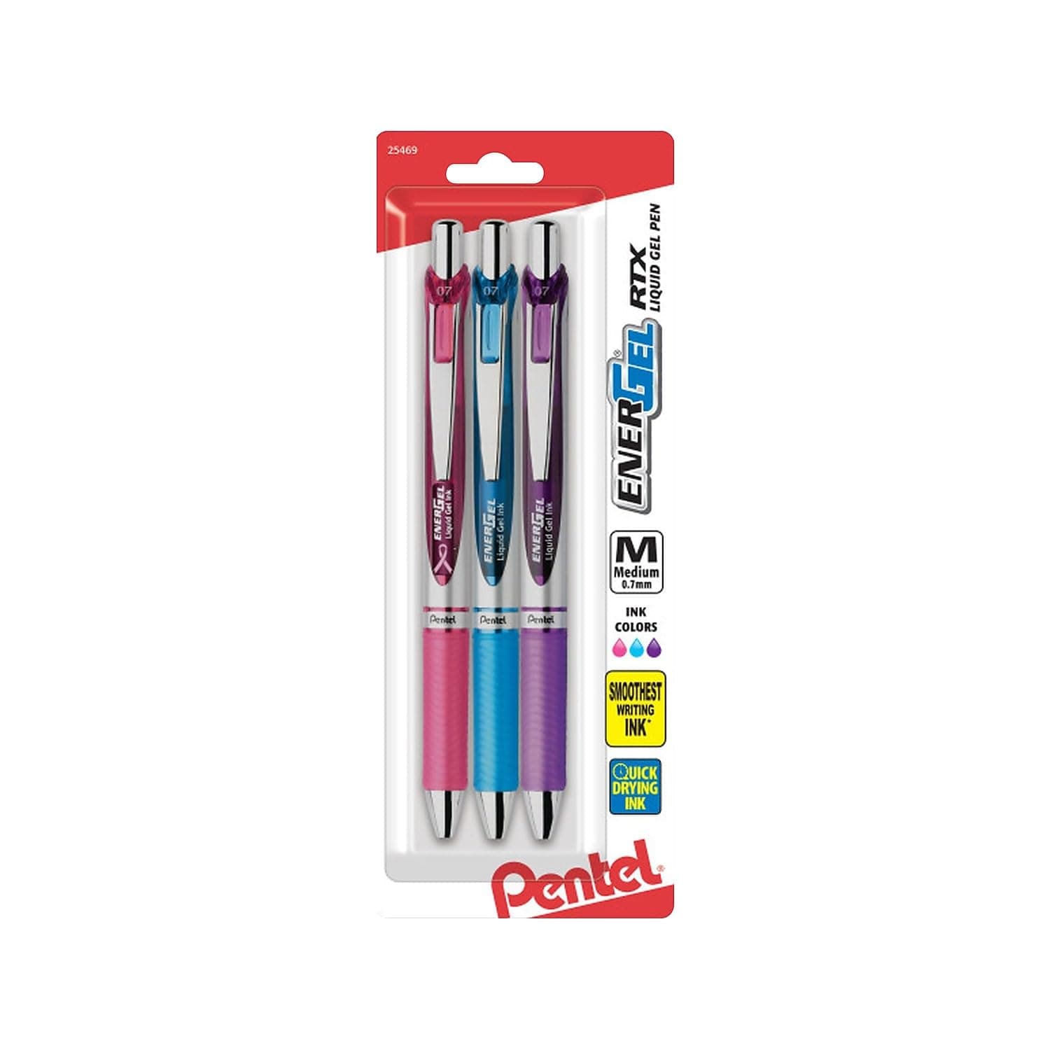 EnerGel RTX Retractable Liquid Gel Pen Medium Line 3/Pkg-Pink, Sky Blue, & Violet