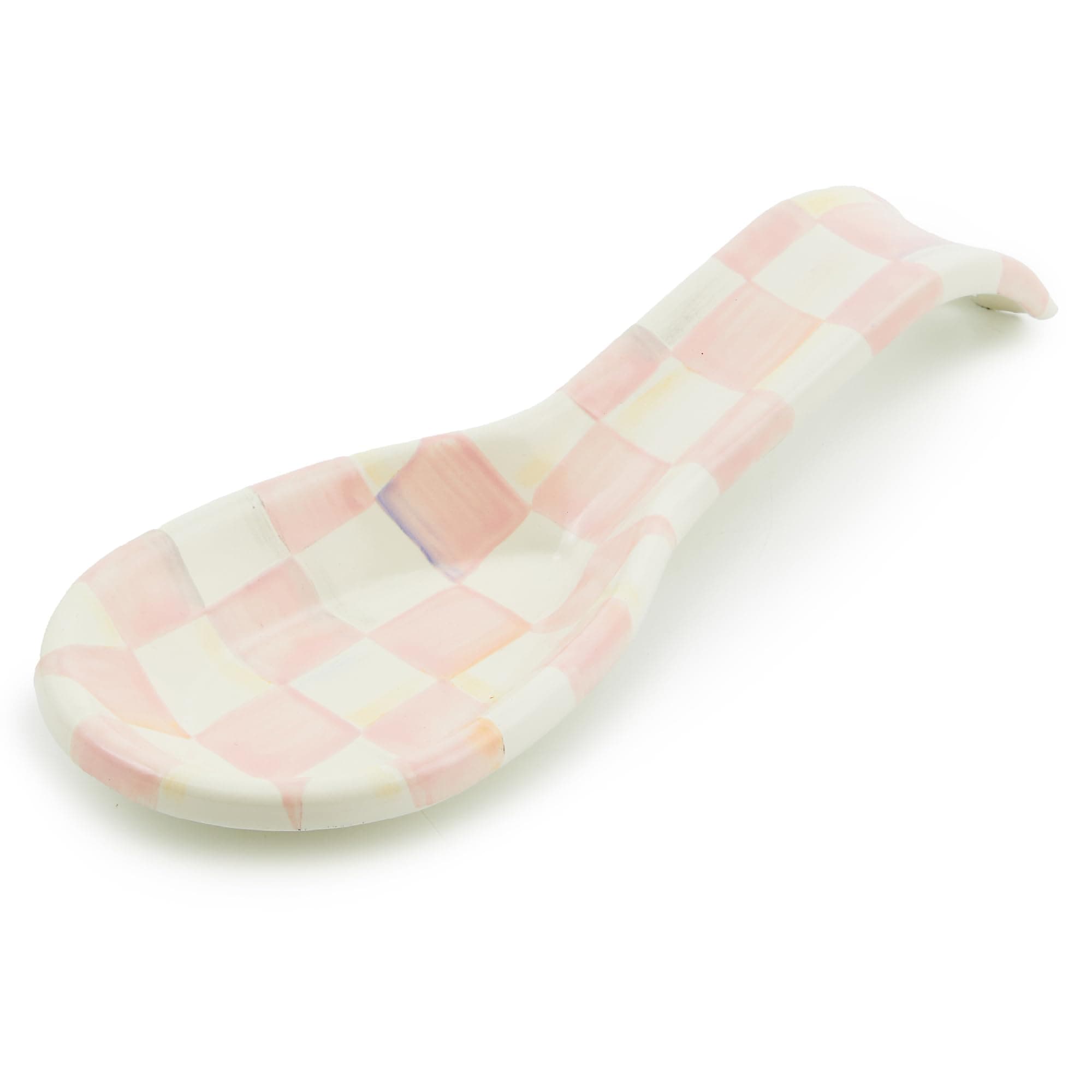 MACKENZIE-CHILDS Enamel Spoon Rest, Kitchen Spoon Holder and Utensil Rest for Stovetop, Pink-and-White Rosy Check