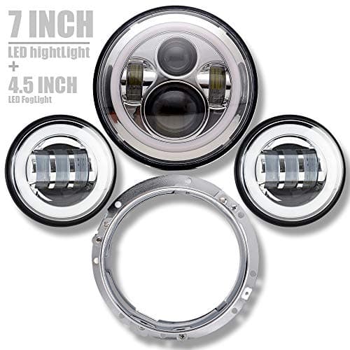 Chrome Motorcycle 7"DOT LED Headlight For Harley Davidson Road King Road Glide Street Glide Electra Glide Ultra Limited Softail With 4-1/2 LED Passing Lamps Fog Lights And Bracket Mounting Ring