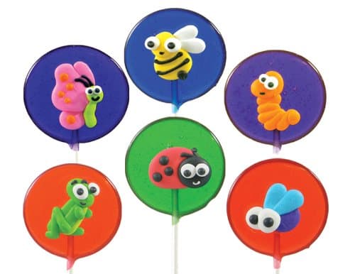 Bug Lollipals, 6 Cute Bug Theme Pops: Butterfly, Bumblebee, Caterpillar, Grasshopper, Ladybug, and Fly. Three Great Flavors: Blueberry, Grape, Cherry, and Green Apple Fun for Kids Parties, Great for Birthdays, or Gift Giving Fun, Fully Edible, Made in the USA