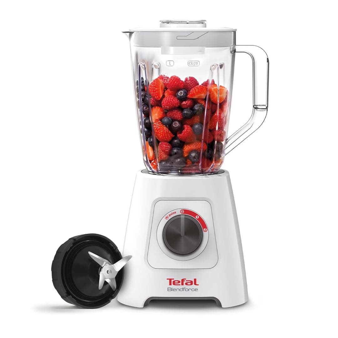 Tefal Blendforce II Blender, 2L Plastic Jug, 1.25L Effective Capacity, 600W, 4 Removable Stainless Steel Blades, Smoothie, Ice Crush, 2 Speeds + Pulse, Kitchen Shakes Maker, White, BL420140