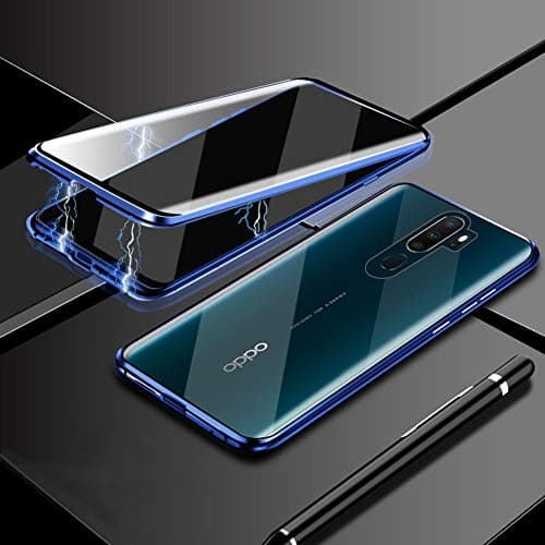 Case for Oppo A9 2020 Cover Magnetic Adsorption Tech Front Back Tempered Glass Unibody Design Powerful Magnets Built-in Frame Shockproof Metal Flip Cover, Blue