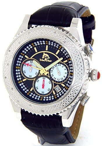 Mens Techno Master Genuine Diamond Watch Silver Case Black Leather Band #TM-2117-C