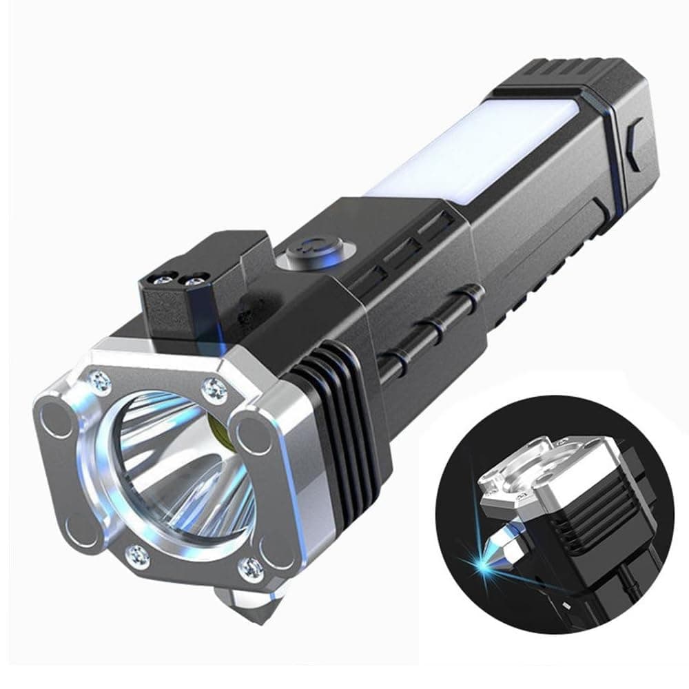 Hi-Res LED 3W Torch Light Rechargeable Torch Flashlight,Long Distance Beam Range Car Rescue Torch with Hammer Window Glass and Seat Belt Cutter Built in Mobile USB Fast Charger Power Bank