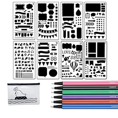 Bullet Journal Stencil Set 8 Pieces Plastic Planner Stencil Template 4x7 Inch for Journaling Notebook Scrapbook Christmas Gift Card and Art Projects with Fineliner Color Pen Set, Sirensky Brand