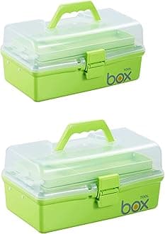 2PCS 12'' Three-Layer Clear Plastic Home Storage Boxes, Multipurpose Organizer and Portable Handled Storage Case for Art Craft and Cosmetic (Green)