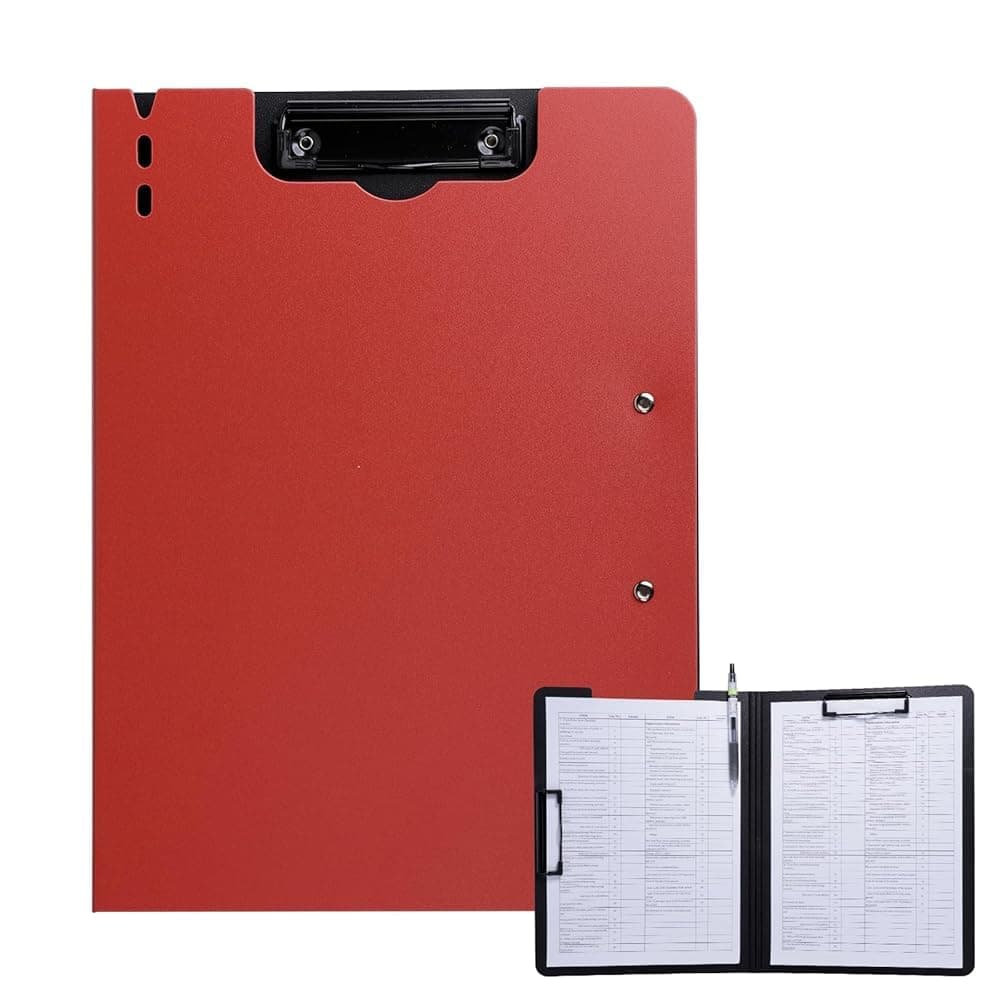 Clipboard Folder, A4 Foldable Clipboard with Horizontal and Vertical Double Metal Clips, 360 Degree Foldable Binder Clipboards with Pen Holder, File Cover Work Folder Clipboards, Red