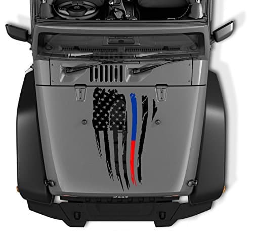 Thin Blue Red Line Reversed Decal Compatible with Jeep Wrangler Tattered Distressed USA American Flag USA Made (Black Matte)