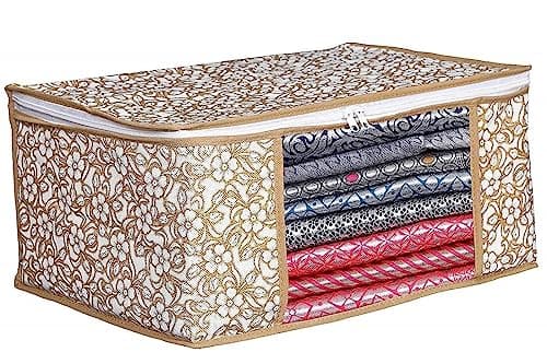 Perpetual Saree Organizer For Wardrobe - Foldable Saree Covers With Zip, Multipurpose Storage Bag For Suit, Lehanga, Dress Packing With Transparent Window Pack of 3 Pcs. (Beige)