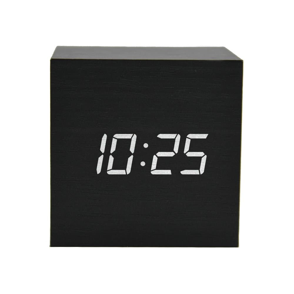 GZMAYModern Wooden LED Light Clock Square Cube Digital Alarm Clock with Time and Temperature Brighter LED Display (Black)