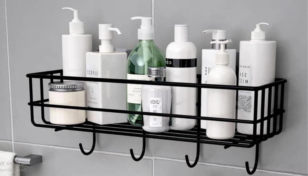 GREEMITO Bathroom Rack - Bathroom Shelves - Kitchen Storage – Multipurpose Rack Shampoo Holder with 4 Hook - Adhesive Shower Caddy Metal Shelf Without Drilling (Black)