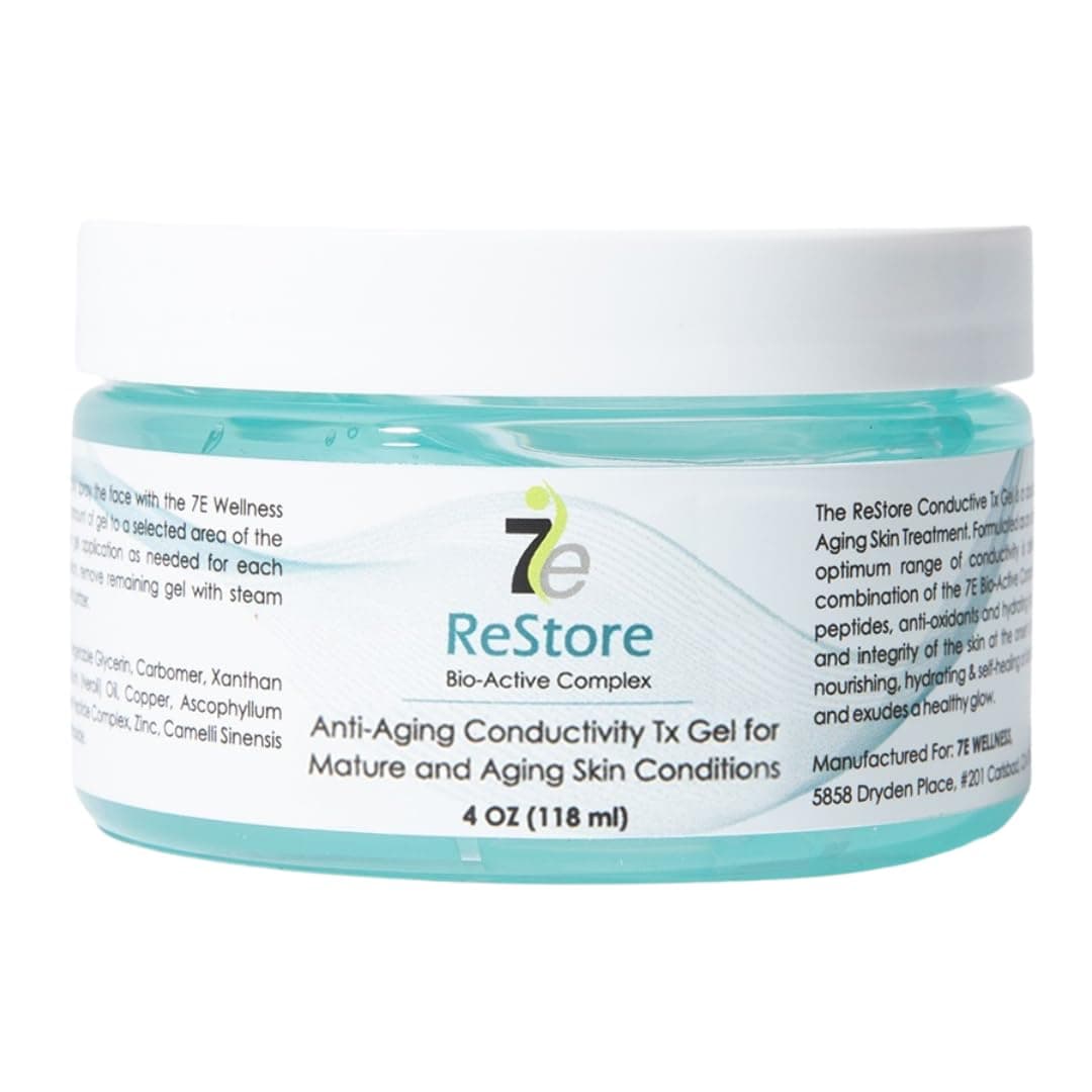 7E Wellness ReStore Conductive Gel with Bio-Active Complex - 4oz - Facial Skin Care Products with Green Tea Extract, Hyaluronic Acid, and Collagen Peptides - Anti Aging and Skin Tightening