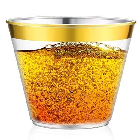 Clear Plastic Cups with Gold Rim ~ 100 Pack ~ Disposable Cups, Ideal for Weddings, Parties and Outdoor Events - 9oz Old Fashion Fancy Tumblers - Elegant Party Cup | by WesternHousehold