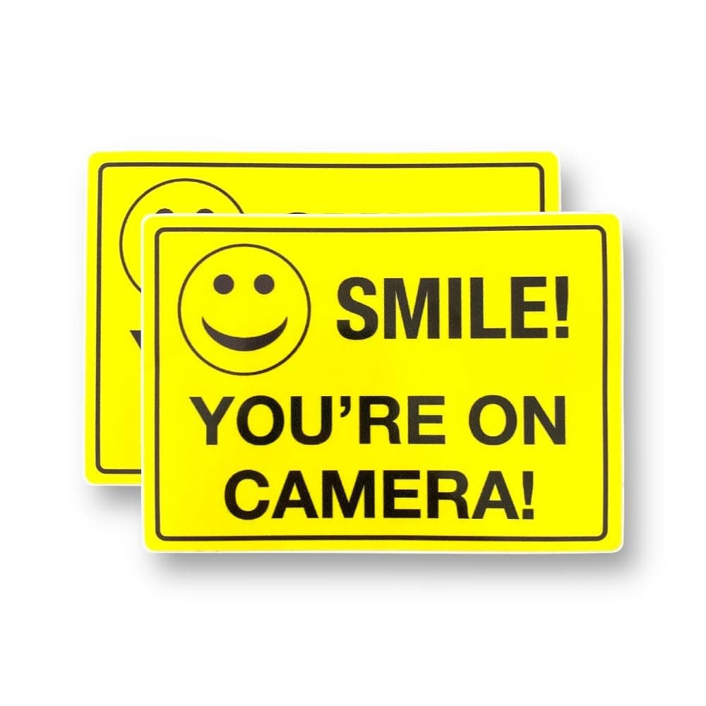 2 PACK - Small 115mm X 80mm SMILE YOUR ON CAMERA Self Adhesive Stickers - W55R Vivid Yellow/Black, Sign, Warning, Private Property, Surveillance