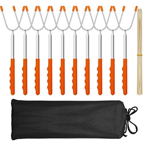 MASSUGAR Marshmallow Roasting Sticks 10 Pack Extra Long 45" Stainless Telescoping Hot Dog Smores Skewers Kids Safe Barbecue Forks for Camping, Campfire, Bonfire Kids, with 10 Bamboo Skewers (10 Pack)