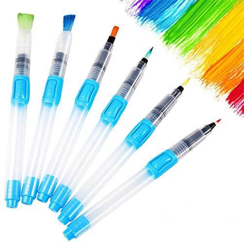 Joyooss Aquash Water Brush Set, Leakproof with Push Button 6 Premium Assorted Brush Tips, Water Soluble Pencils for Watercolor Solid Colors Powdered Pigment Painting Calligraphy, Perfect Gift for Kids