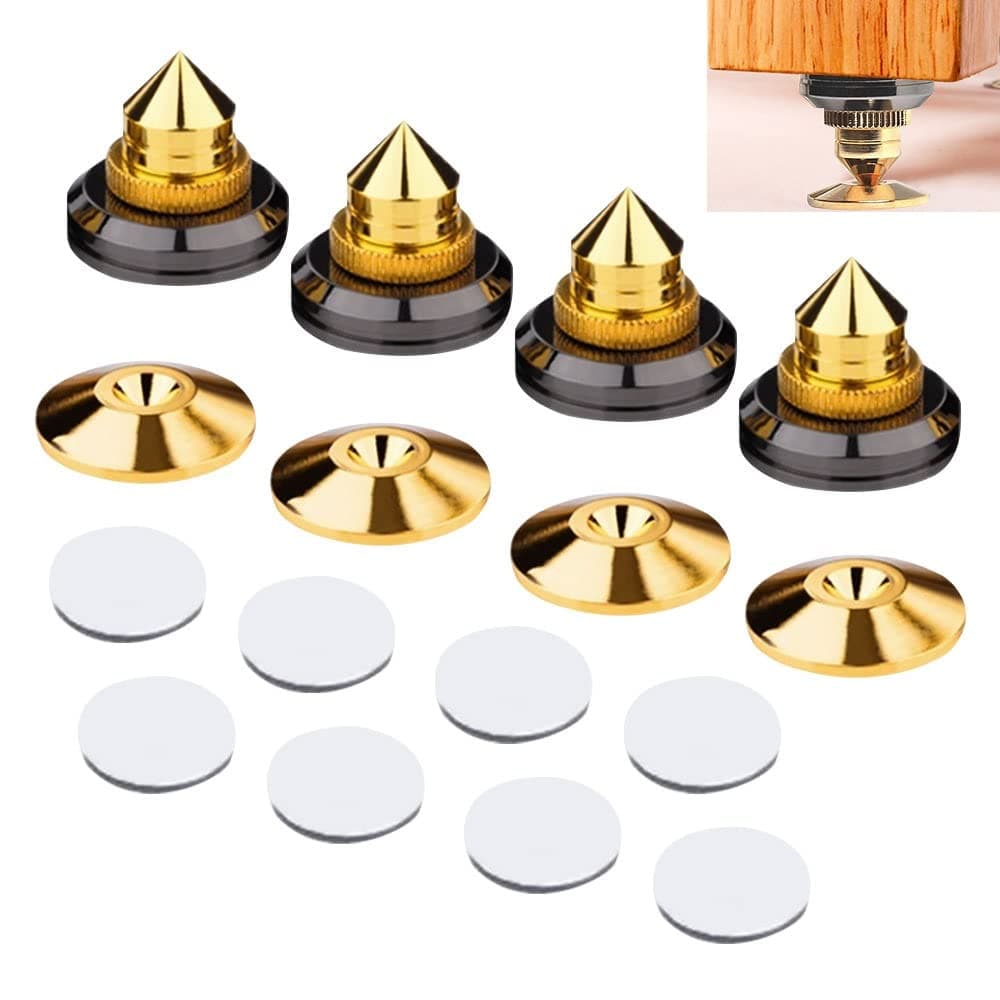 4 Set Speaker Spikes, Speaker Stands CD Audio Subwoofer Amplifier Turntable Isolation Feet Cone Isolator Shockproof Traceless Subwoofer Base Pad Mats with Double-sided Adhesive for DAC Recorder