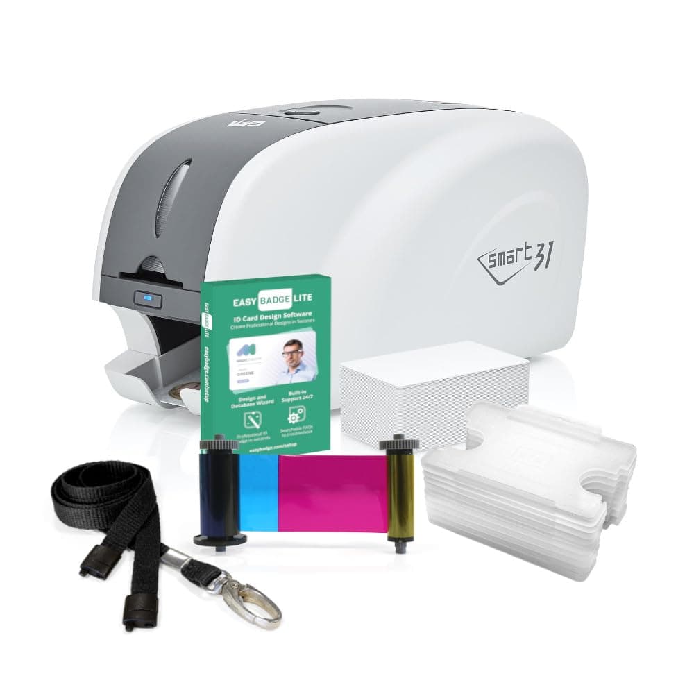IDP Smart 31 ID Card Printer Bundle with ID Badge Accessories and Card Holders with Lanyards