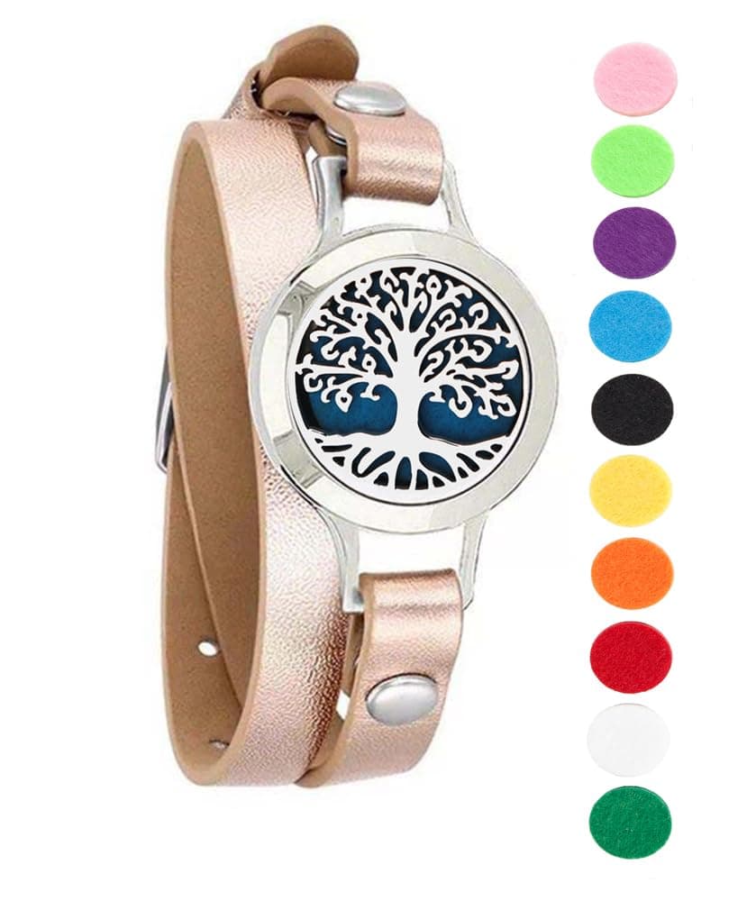 GFONDINGDAromatherapy Essential Oil Diffuser Bracelet,Tree of Life Pattern Stainless Steel Locket Leather Band for Women