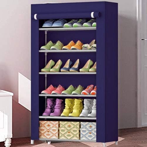 Coroid 6 Layer Multipurpose Portable Folding Shoe Rack/Shoe Shelf/Shoe Cabinet with Wardrobe Cover, Easy Installation Stand for Shoes(ShoesRack 6Layer in NavyBlue-Color)(Shoe Racks for Home)