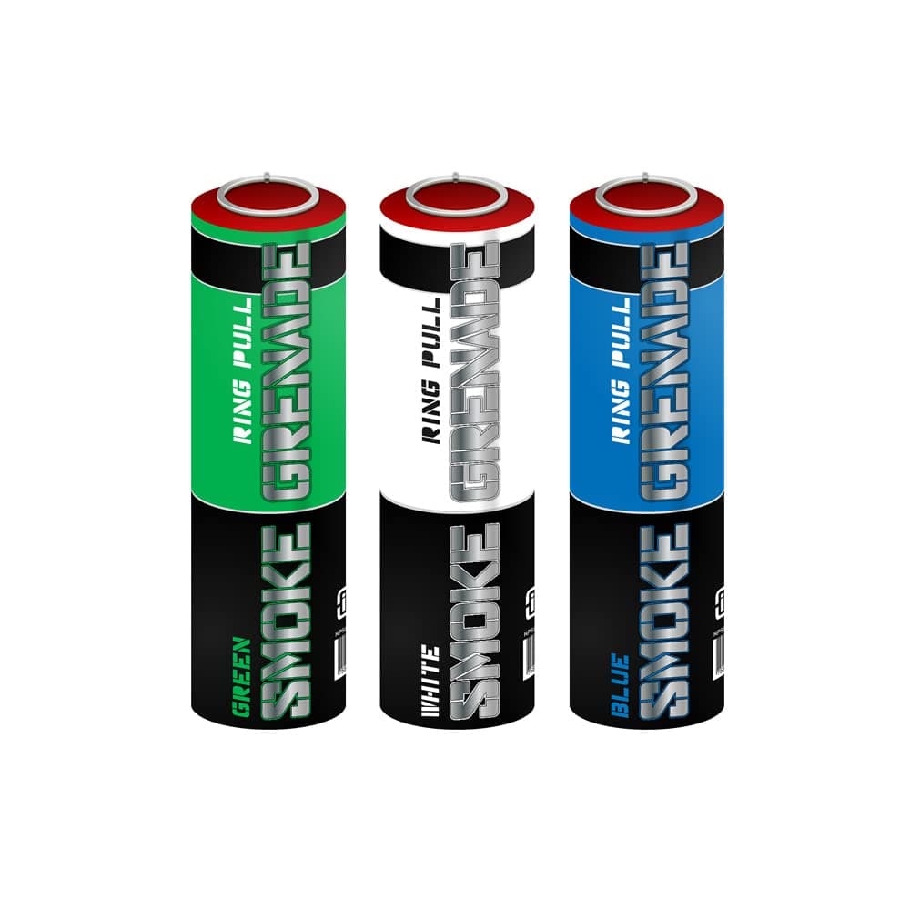 Pack of 3 Ring Pull Smoke Grenade Effects for Paintball, Weddings, Photo-shoots & Special Effects (Green, White, Blue)