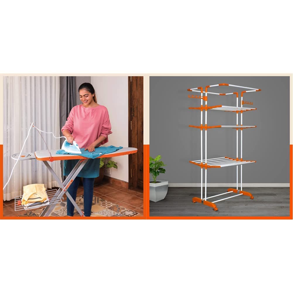Bathla X-Pres Ace - Large Foldable Ironing Board for Home with Aluminised Ironing Surface (Silver) & Bathla Mobidry Terra 4 Level Steel Modular Cloth Drying Stand (Orange - Extra Large) Made in India