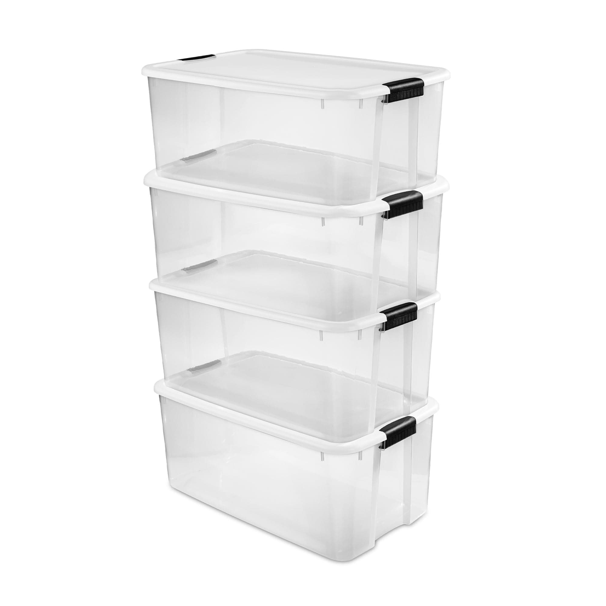 Sterilite116 Qt Ultra Latch Box, Stackable Storage Bin with Lid, Plastic Container with Heavy Duty Latches to Organize, Clear and White Lid, 4-Pack