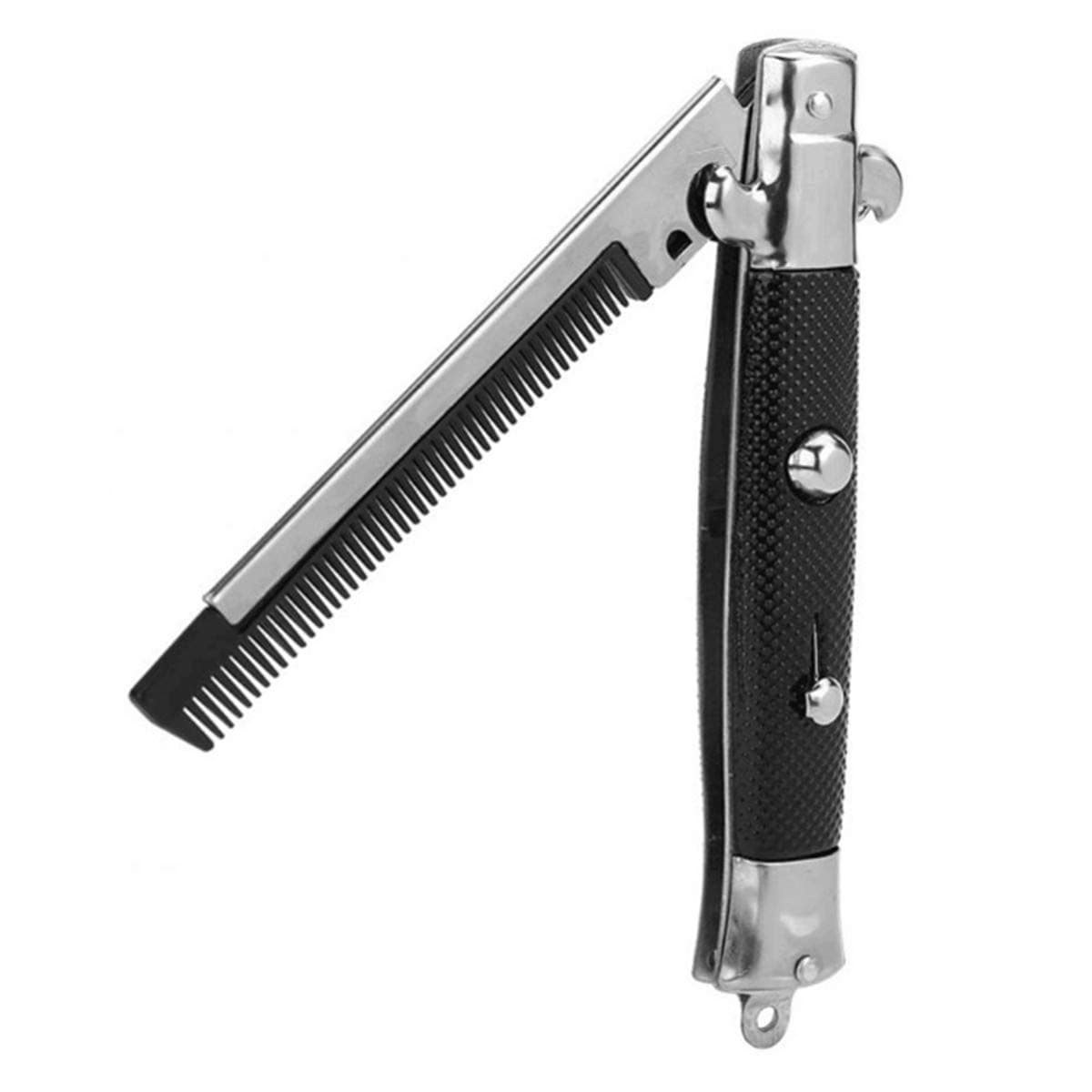 Switchblade Comb, Foldable Stainless Steel Hair Comb with Automatic Push Button Metal Spring Jump Brush for Beard Mustache, Men Oil Hair Styling Accessories (1# L, Black)