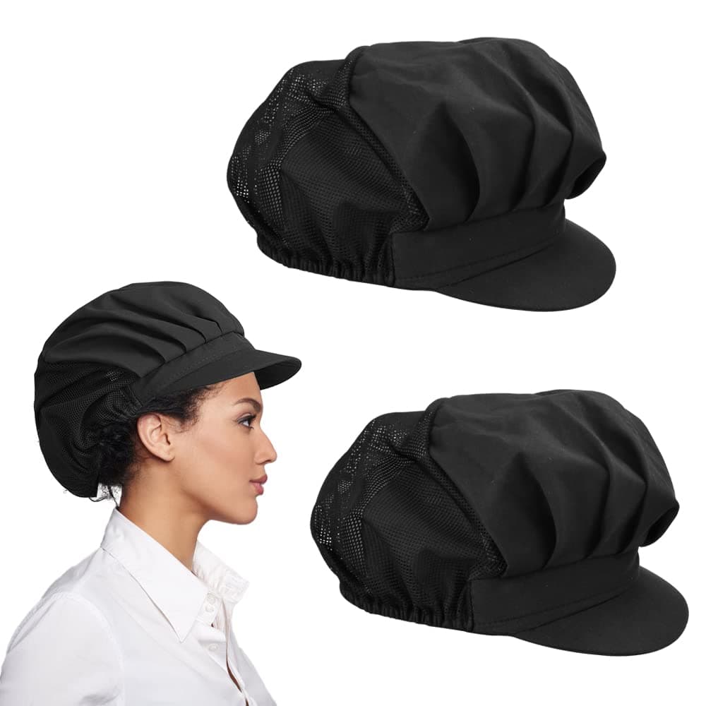 CAEEKER Chef Hat, 2 PCS Catering Hats Adjustable Cooking Cap Unisex Mob Cap Food Service Caps Breathable Baker Waiter Cap with Elastic Closure, Half Mesh for Men Women Kitchen Restaurant