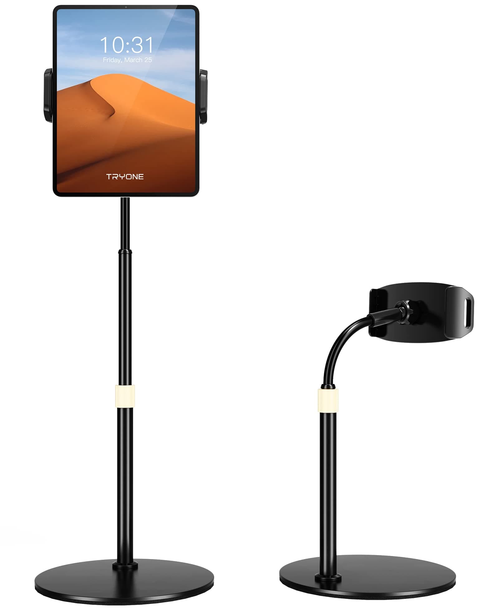 TRYONETablet Stand for Desk - Height Adjustable Tablet Holder, 360 Degree Rotating, Flexible Desktop Clamp Mount for iPad Pro Air Min, iPhone, Switch, Tabs, 4.7"-12.9" Screen Devices and All Phones