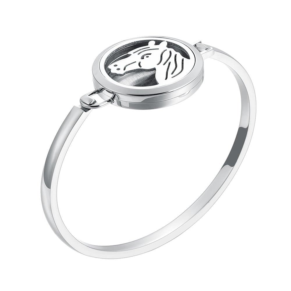Aromatherapy Essential Oil Diffuser Locket Bangle Bracelet with Pads, Hypo-allergenic 316L Stainless Steel, Animal Motif - Horse, Gift Set