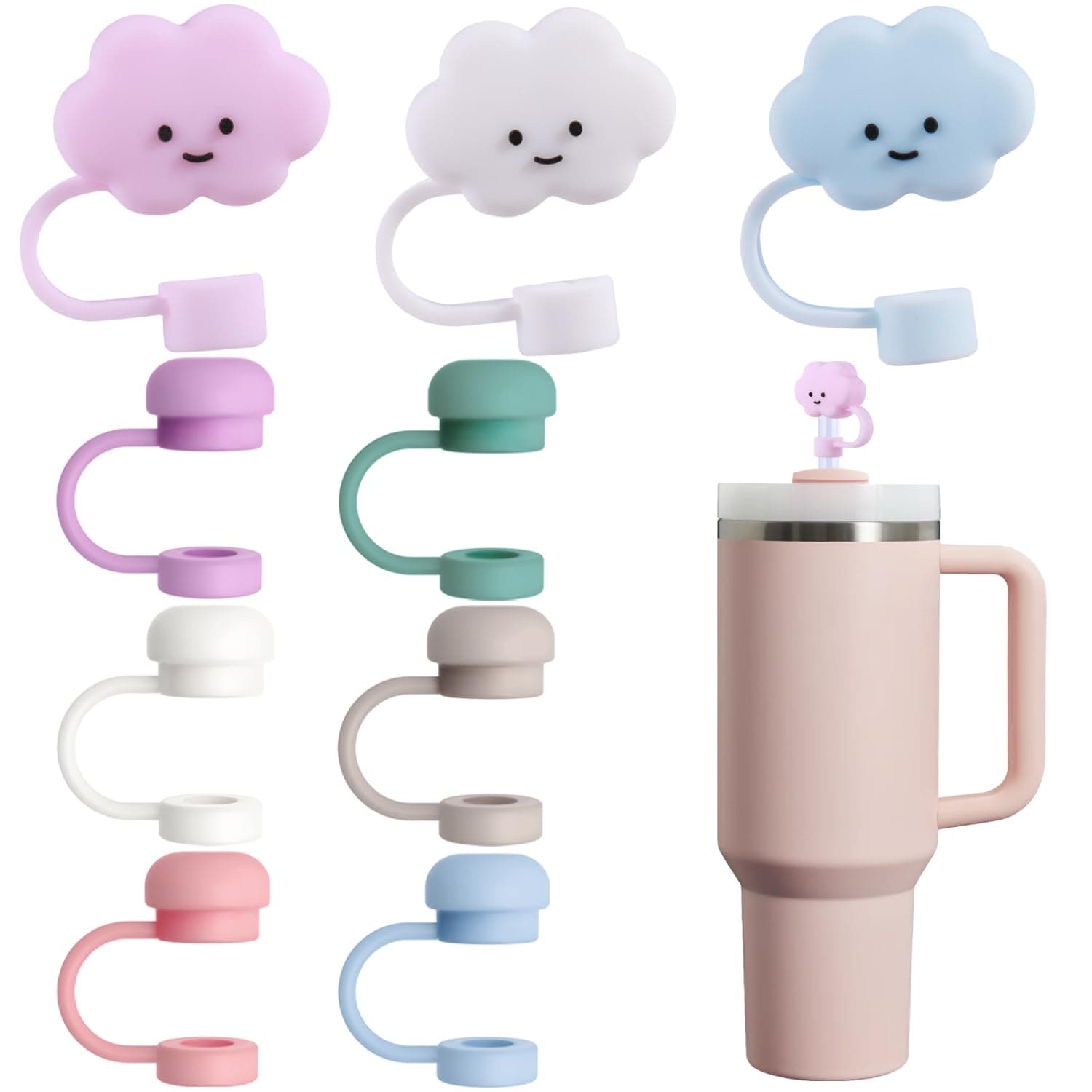 GLAMFIELDS 9pcs Straw Cover Cap for Stanley Cup 30 40 oz, 0.4in 10mm Cloud Straw Toppers, Reusable Soft Silicone Straw Covers for Stanley Tumbler Accessories Dust-proof Straw Tips Protectors F Set