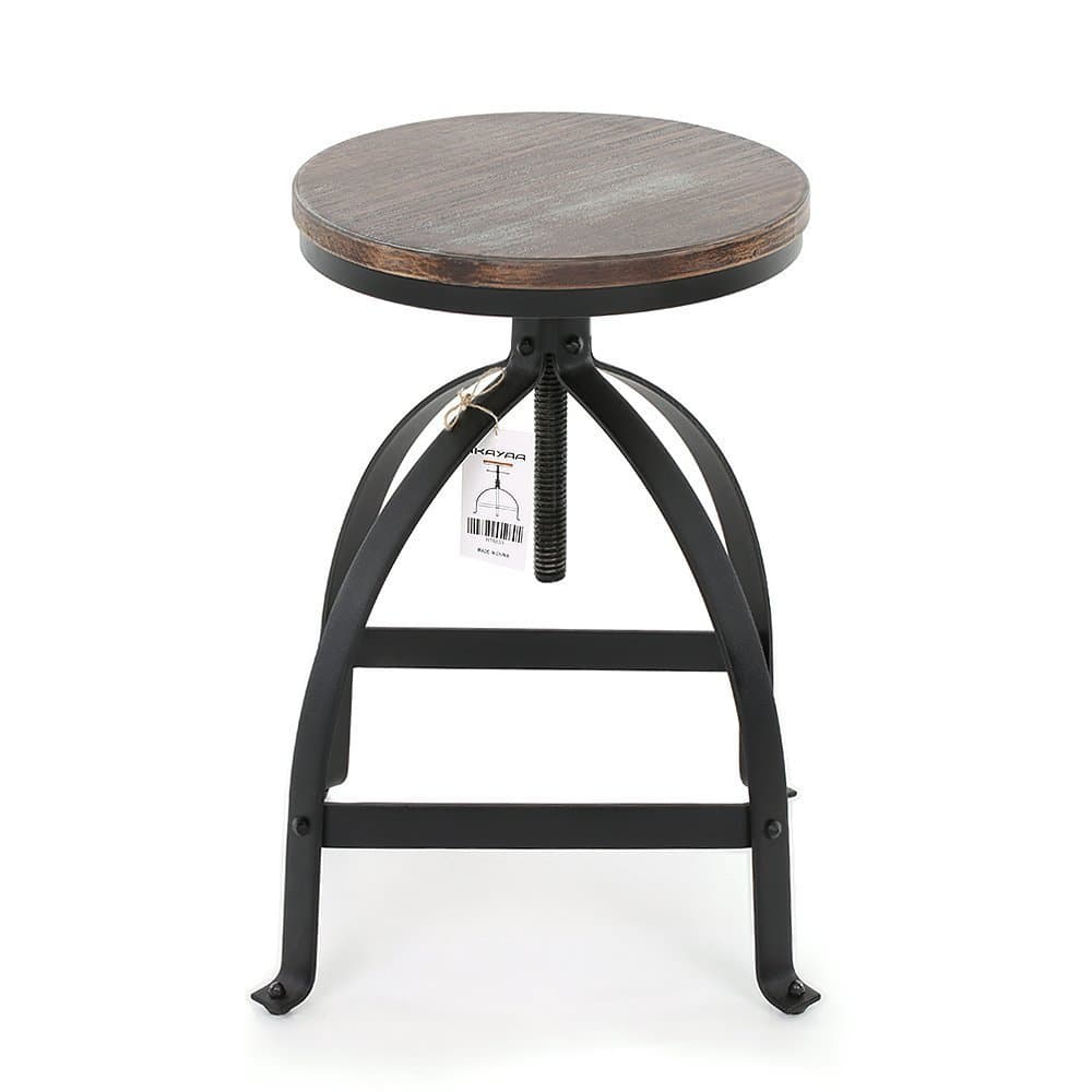 IKAYAA Adjustable Height Swivel Kitchen Dining Chair Round Bar Stool Industrial Style Natural Pinewood and Steel (Type 2, Red Brown Type 2)