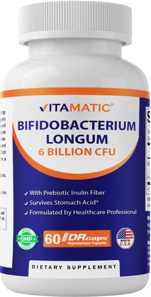 Bifidobacterium Longum 6 Billion CFU per DR Capsule - 60 Count - Promotes Intestinal Health - Made with Prebiotic Inulin Fiber