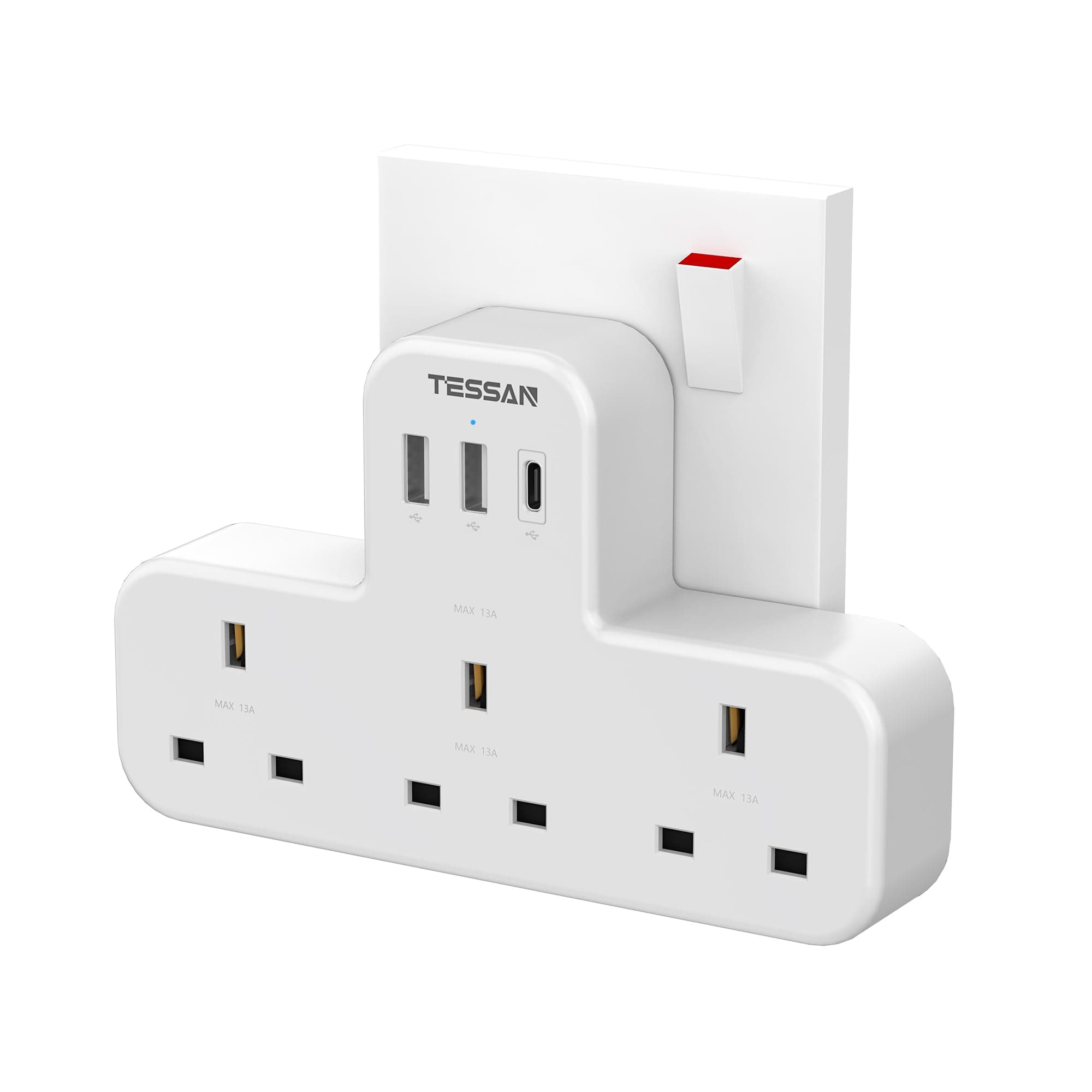 USB C Charger Plug Adapter AE, TESSAN Multiple 3 Way Triple Plug Extension Socket with 3 USB, Multi Plug Outlets Charging Station for School Home, Kitchen, Office, School Supplies