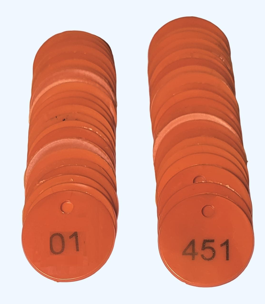 MOREL Orange Embossed Plastic Round Shape Token Coin with Hole USE for Shop, Board Games, Stores, Casino, School.|1 to 500 Numerical Embossed Coins.