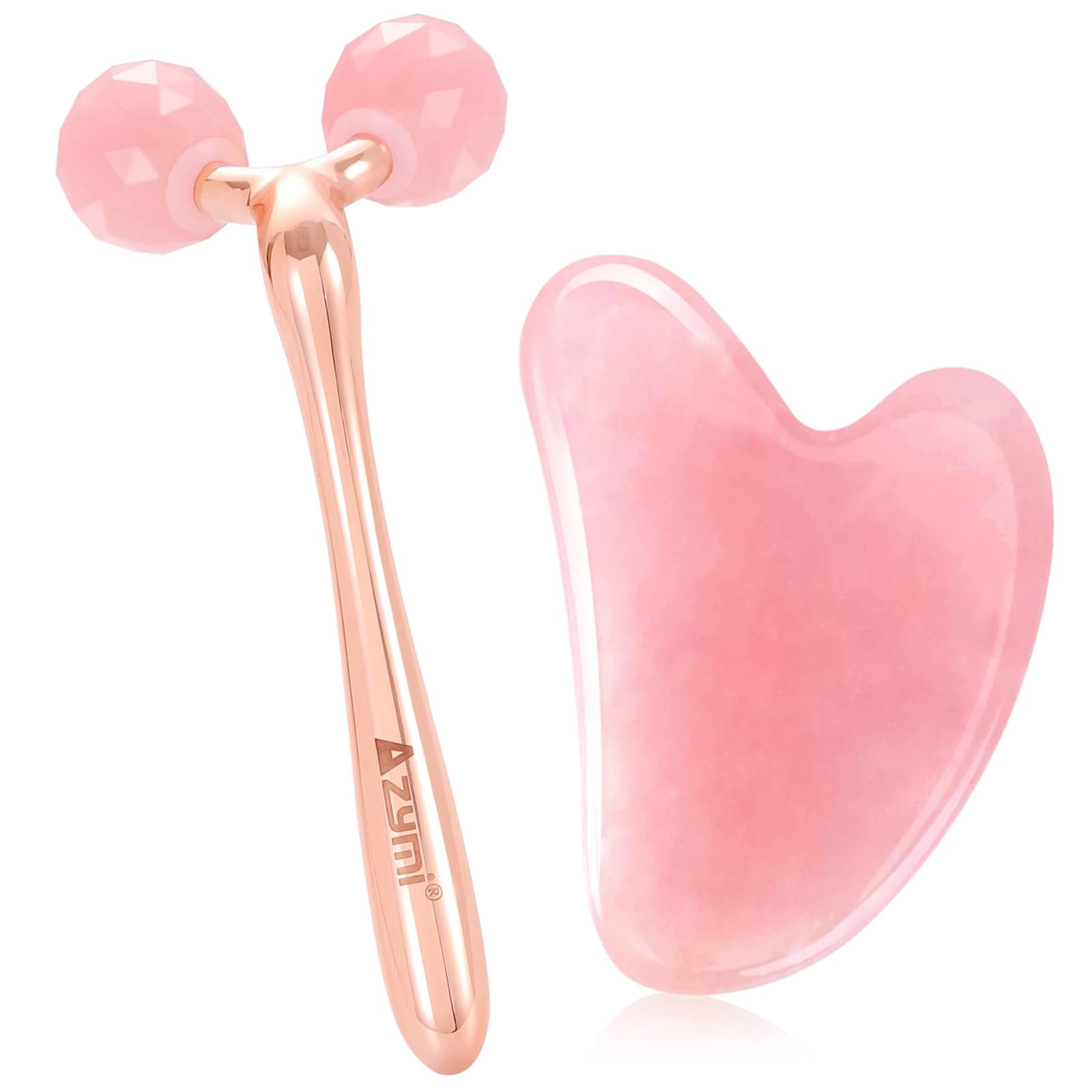 3D Jade Roller & Gua Sha Set, Pure Rose Quartz Face Massager Tools for Facial Jawline Scraping/ Skin Tighten, Reduce Wrinkle& Puffy Eyes/ Relieve Body Tension