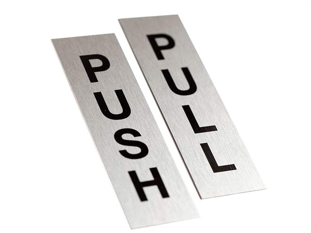 - Metal Push Pull Door Signs | 1.5" x 5" Brushed Silver Aluminum, Set of 2 | Push Pull Signs for Interior Doors | 3M Adhesive on Back of Sign | Ready to Hang