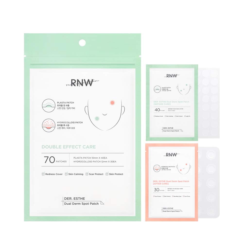 RNW Der. Esthe Dual Derm Spot Patch Set, Plaster Patch + Hydrocolloid Patch (70 Patches) Care for Acne Pimples Zits Pores | Invisible Blemish Cover | All Day Long Korean Skincare